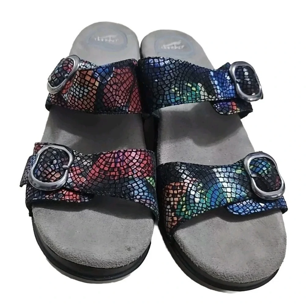 Dansko Sophie 2 Strap Rainbow Mosaic Leather Wedge Sandals Sz EU 40 Women T07‎
